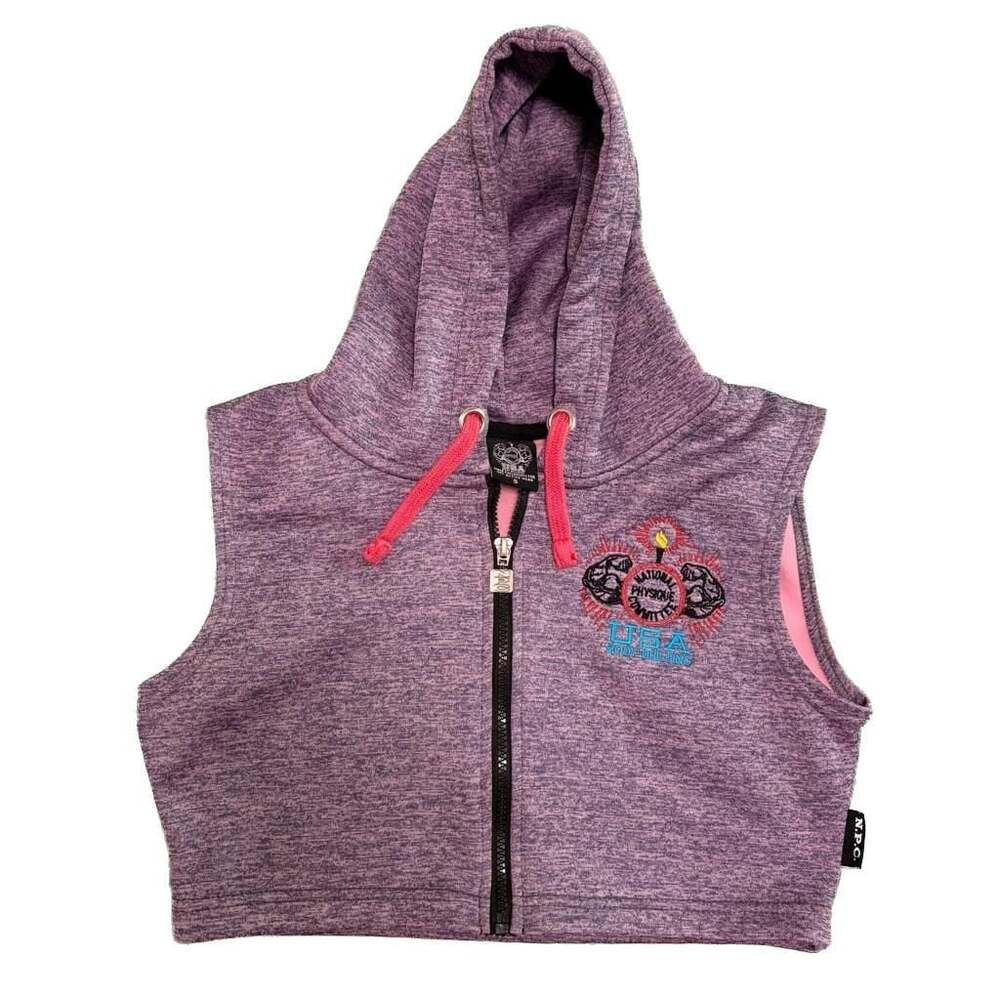 NPC USA Bodybuilding Crop Hoodie Zip Up Sleeveless Casual S